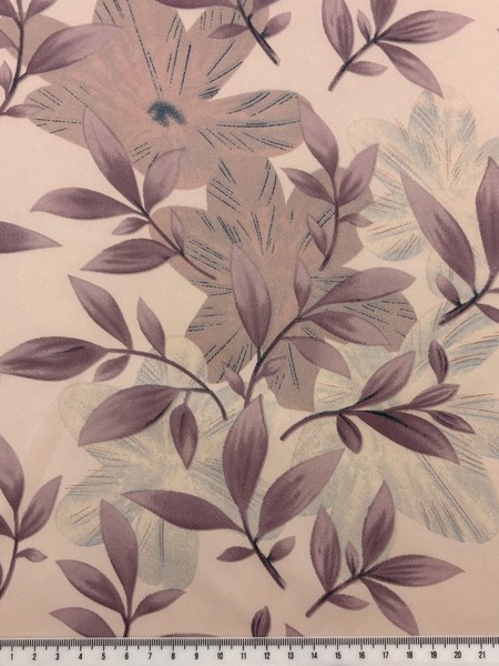 Dusky Mauve Floral on Primrose Pink Printed Stretch Satin
