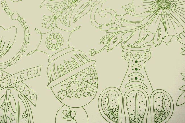 Sketched Lime Green Flowers on Ivory Printed Cotton