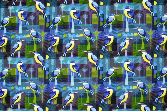 Kingfishers on Navy Premium Printed Kiwiana Cotton