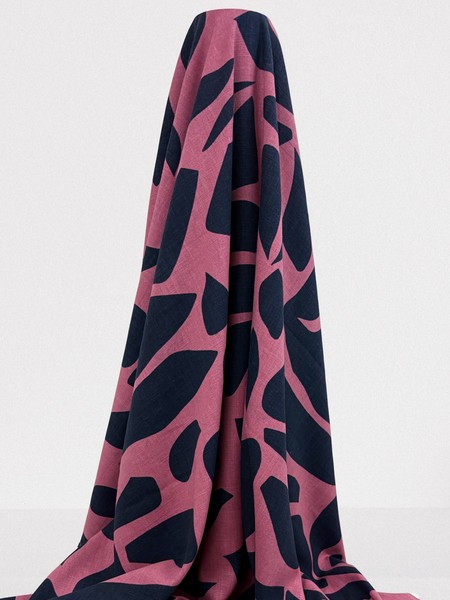Navy Abstract on Dark Guava Pink Stretch Linen Blend