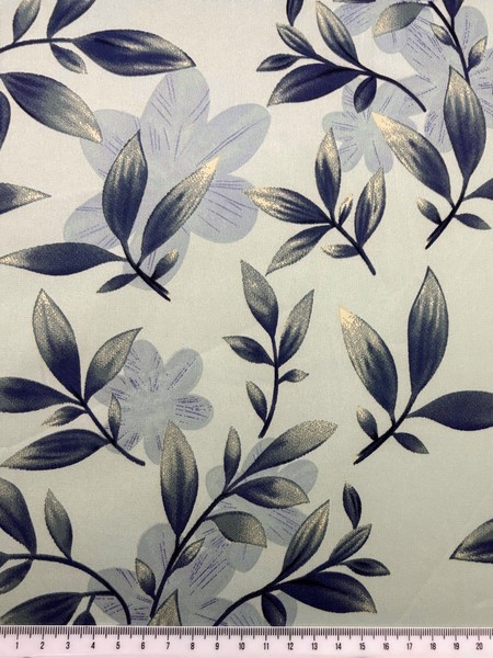 Navy & Gold Leaves on Seagreen Sage Printed Stretch Satin