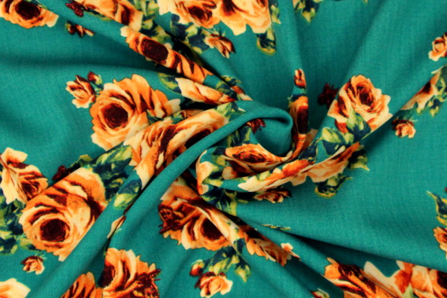 Orange Roses & Butterflys on Teal Printed Rayon
