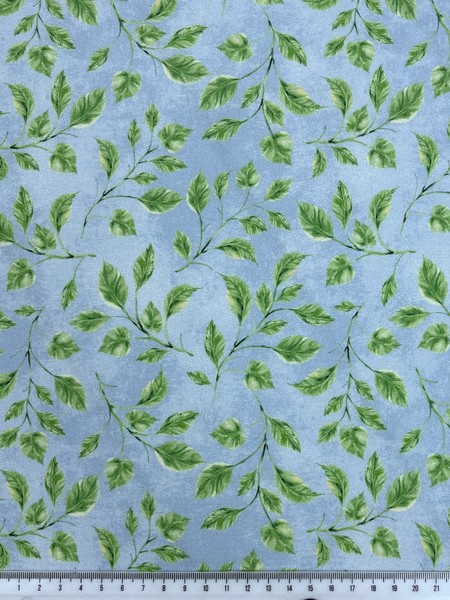 Leafy Sprigs on Marbled Sky Blue Printed Cotton