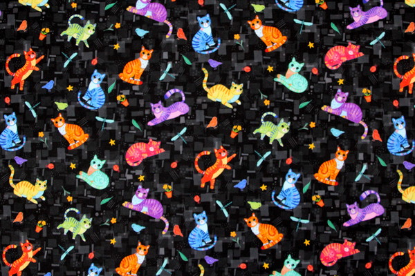 Scattered Cool Cats on Black Premium Printed Cotton