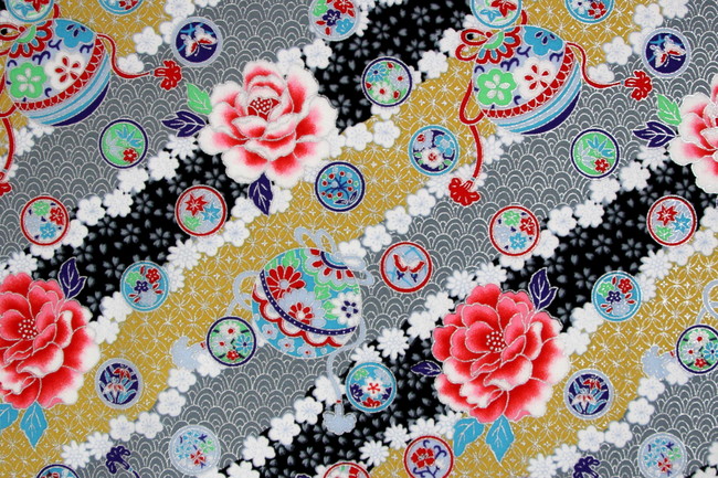 Multi Diagonal Floral with Metallic Silver on Japanese Premium Printed Cotton