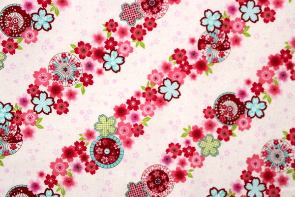 Diagonal Pink Tone Floral Circles on White Printed Cotton