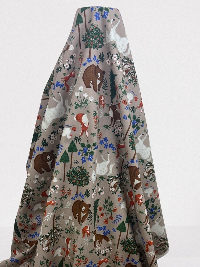 Woodland Animals on Taupe Printed Cotton