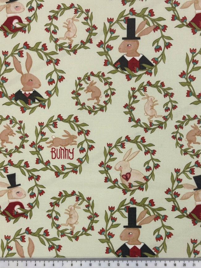 Floral Bunny Portraits on Palest Green Printed Cotton