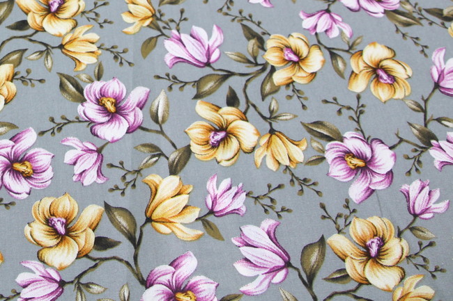 Spring Flowers on Grey Printed Cotton