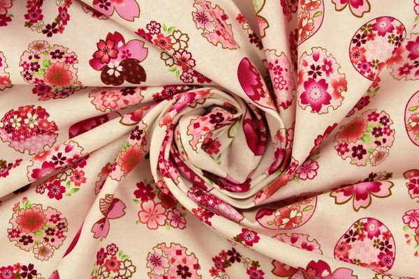 Pink Tone Floral Circles on White Printed Cotton