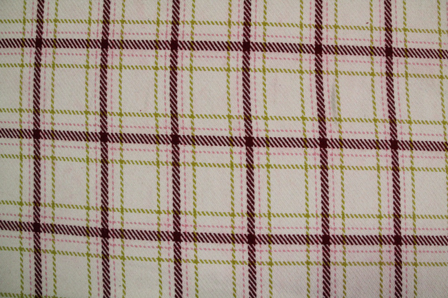 Pale Pink, Burgundy & Chartreuse Tartan Wool Blend 