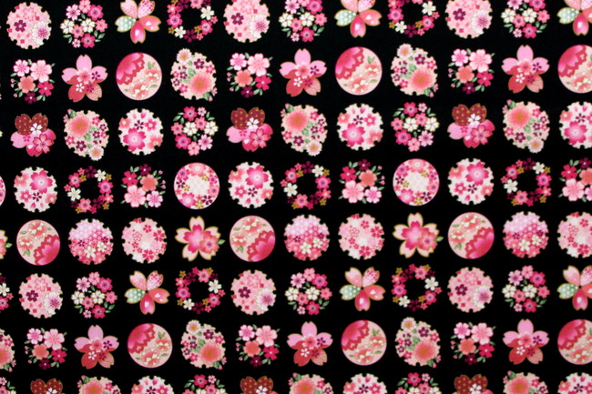 Pink Tone Floral Circles on Black Printed Cotton
