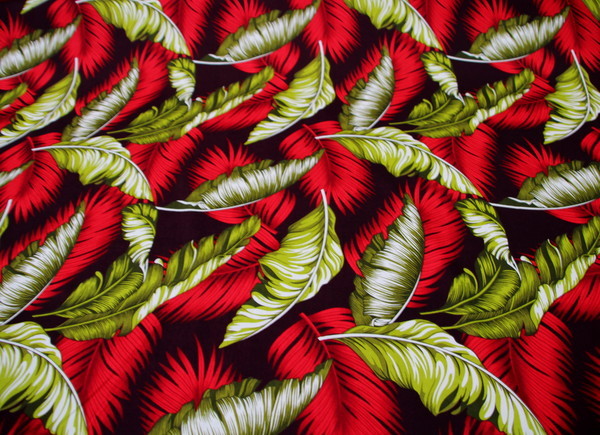 Reds & Olives Palm Leaves on Burgundy Rayon