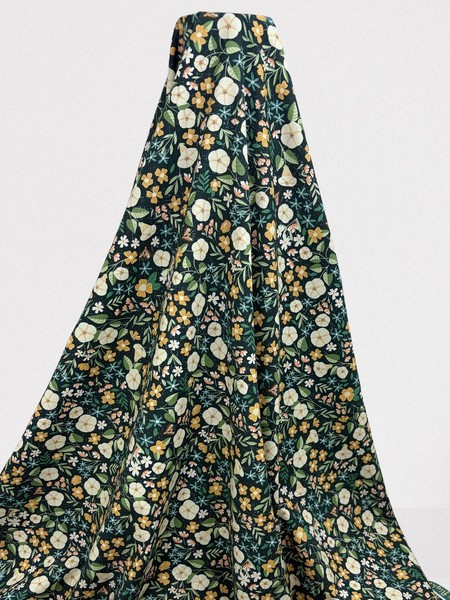 Pastel Hedgerow Flowers on Bottle Green Printed Cotton