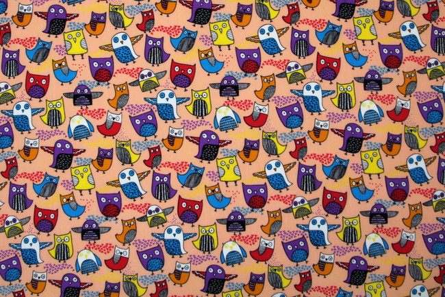 Funky Owls on Peach Printed Cotton