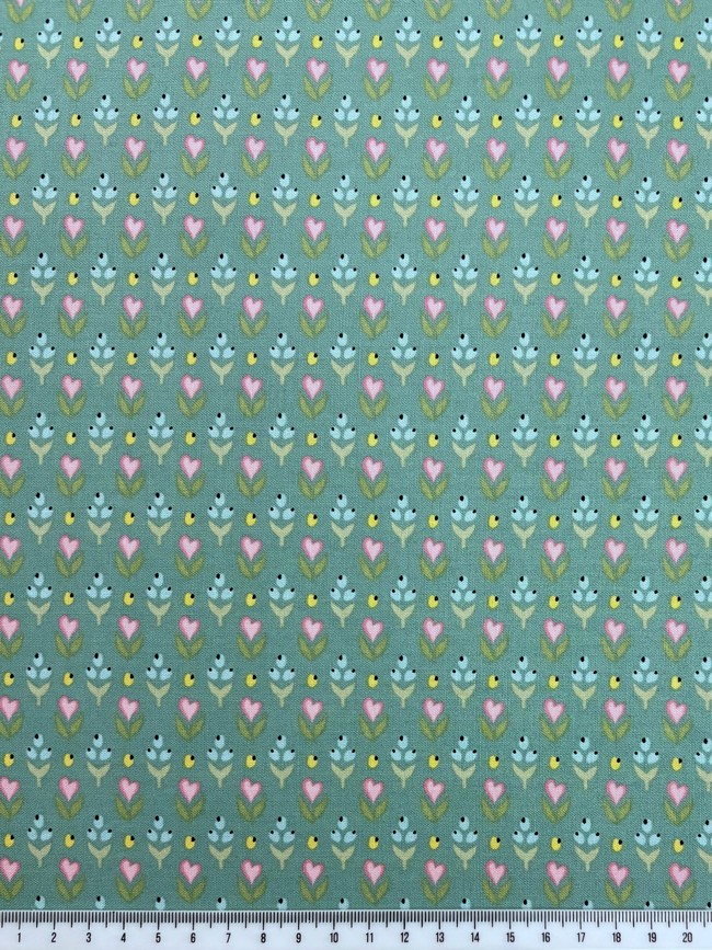 Hearts & Flowers on Teal Printed Cotton