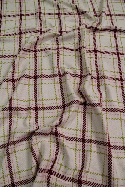 Pale Pink, Burgundy & Chartreuse Tartan Wool Blend 