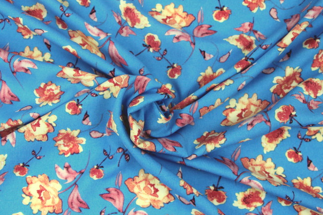 Hedgerow Roses on Sky Blue Printed Rayon