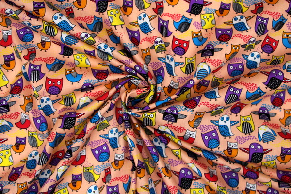 Funky Owls on Peach Printed Cotton