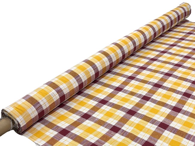 Golden Yellow, Burgundy & Soft White 100% Checked Linen
