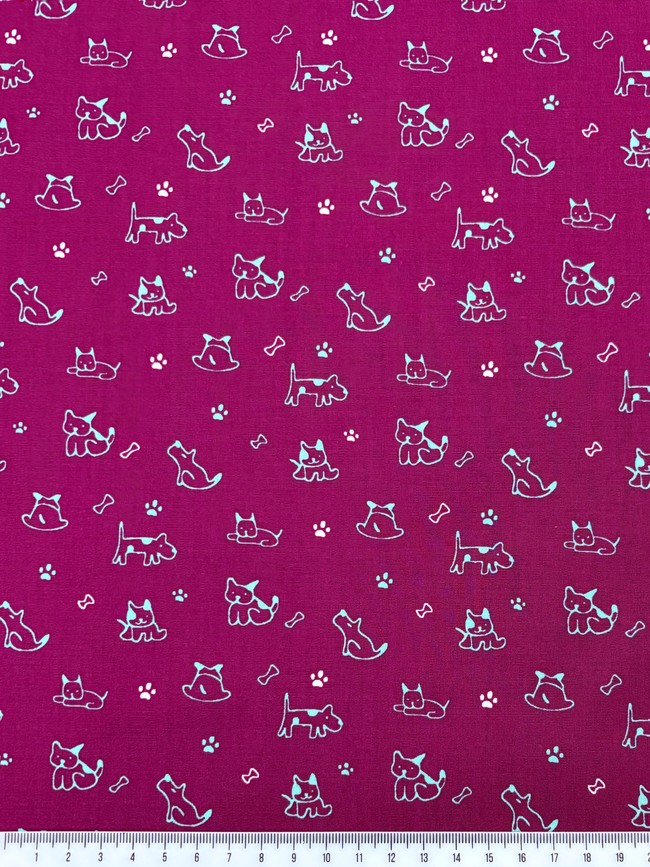 Aqua Dogs on Magenta Printed Cotton