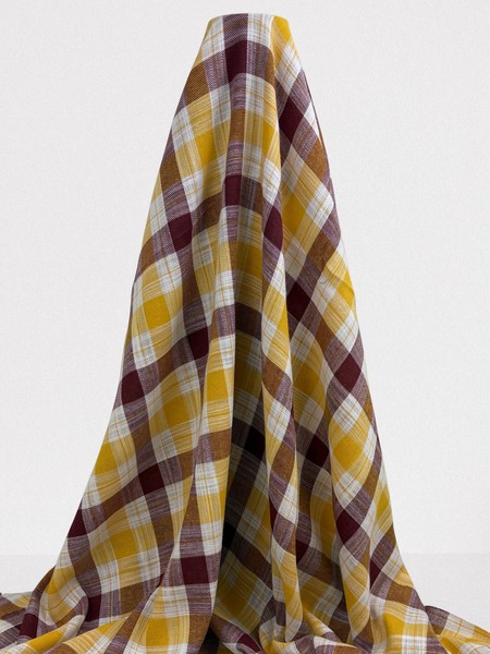 Golden Yellow, Burgundy & Soft White 100% Checked Linen