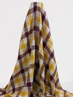 Golden Yellow, Burgundy & Soft White 100% Checked Linen