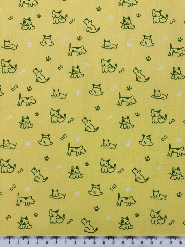 Green Dogs on Lemon Printed Cotton