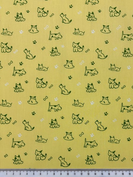 Green Dogs on Lemon Printed Cotton