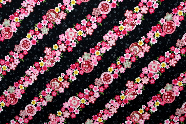 Diagonal Pink Tone Floral Circles on Black Printed Cotton