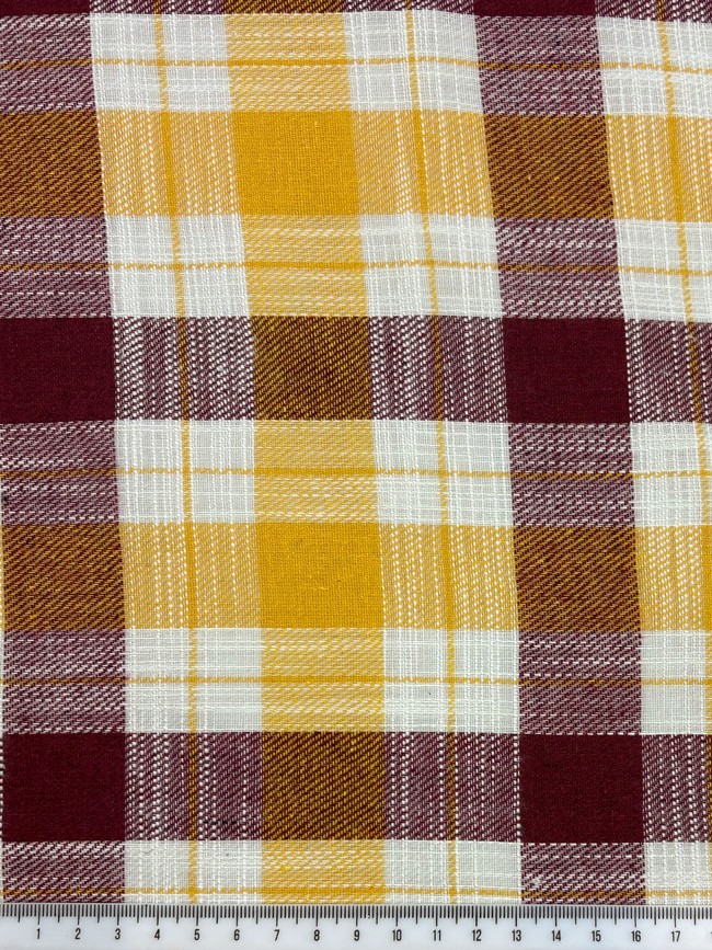 Golden Yellow, Burgundy & Soft White 100% Checked Linen