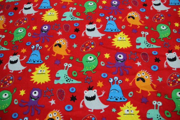 Monsters on Red Printed Flannelette