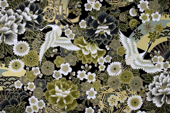 Gilded Cranes & Flowers on Black Japanese Premium Printed Cotton