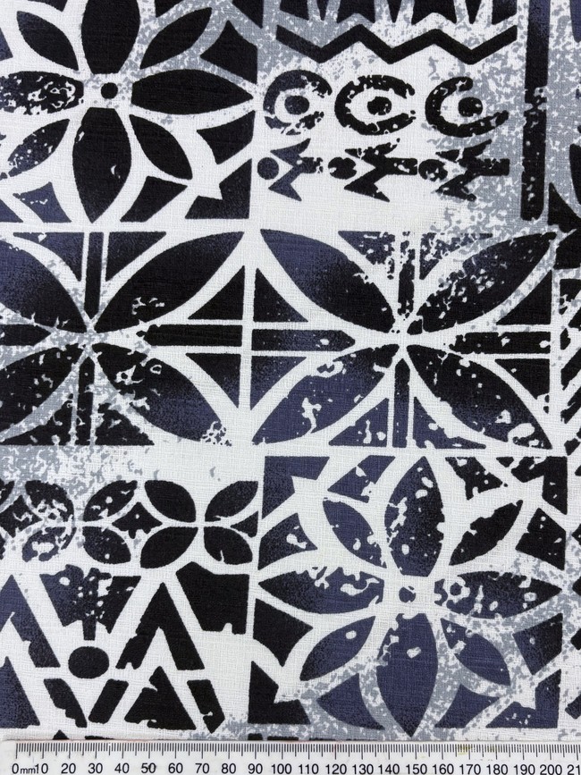 Denim, Grey & Black Tones on White Pacific Island Cotton Dobby