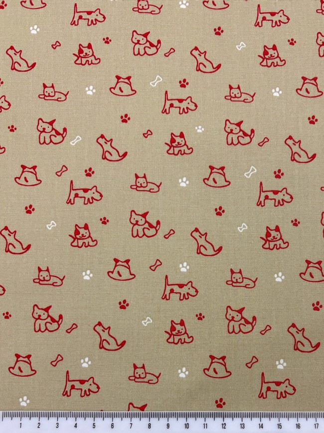 Red Dogs on Beige Printed Cotton