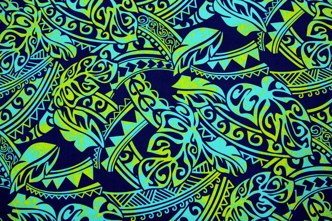 Turquoise & Yellow on Navy Pasifika Leaf Design Cotton
