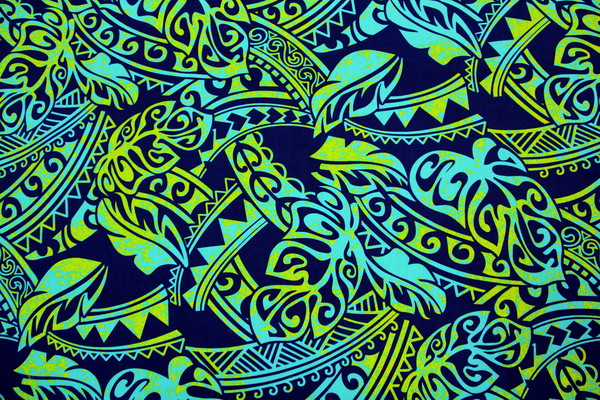 Turquoise & Yellow on Navy Pasifika Leaf Design Cotton