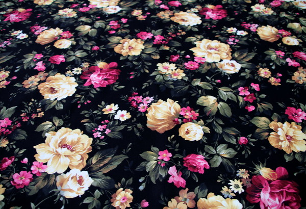 Romantic Roses on Black Printed Cotton New Image