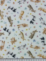 Happy Bunnies on Soft White Printed Cotton