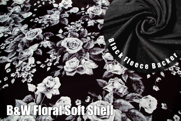 Black & White Floral Print - Waterproofed Soft Shell With Fleece Backing