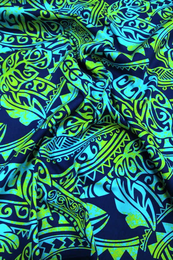 Turquoise & Yellow on Navy Pasifika Leaf Design Cotton