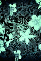 Aqua Blue & Black Pacific Design On Dark Airforce Printed Cotton