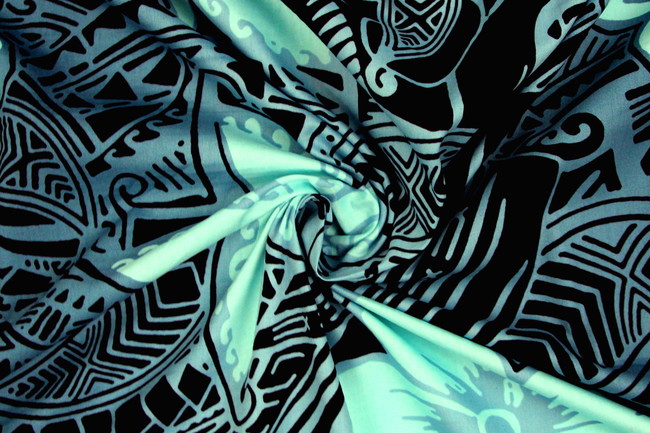 Aqua Blue & Black Pacific Design On Dark Airforce Printed Cotton