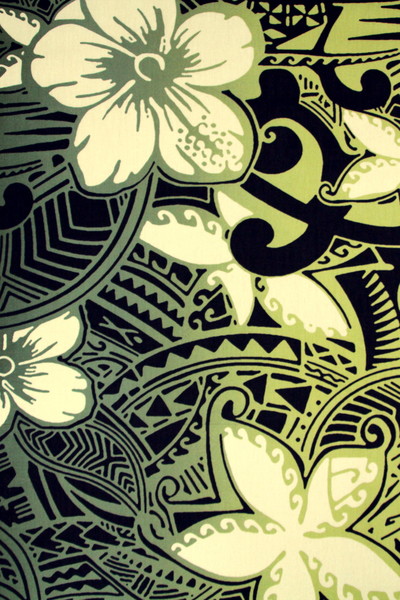 Olives & Greens Pacific Design on Black Printed Cotton