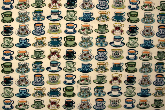 Teacups on Cream Kiwiana Cotton