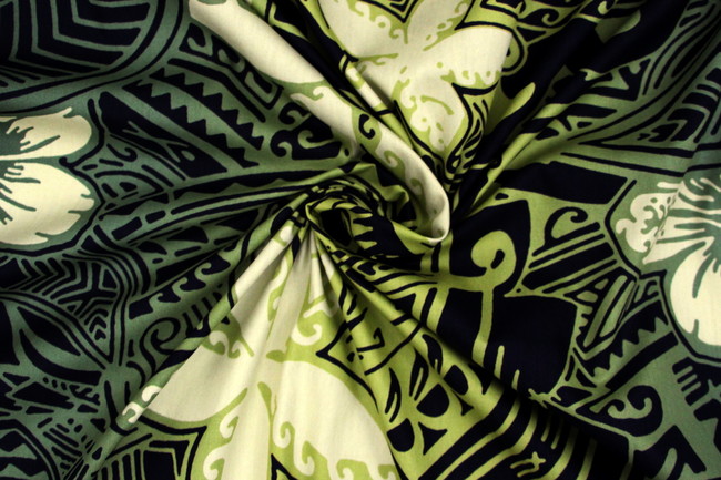 Olives & Greens Pacific Design on Black Printed Cotton