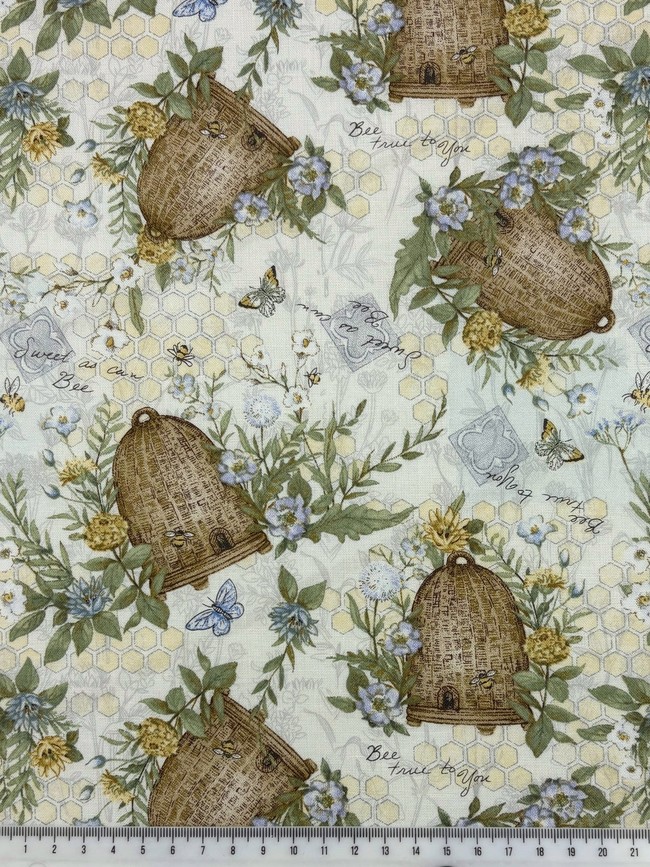 Rustic Beehives & Flowers Printed Cotton
