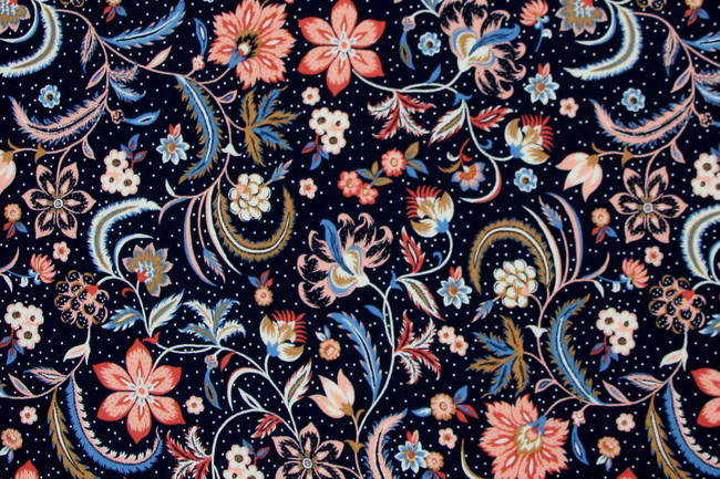 Summer Floral on Dark Navy Printed Rayon with Crepe Finish