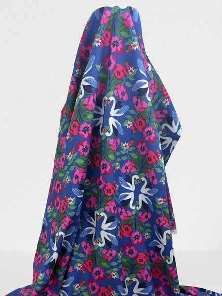 Swans & Poppies on Blue Indigo Printed Cotton