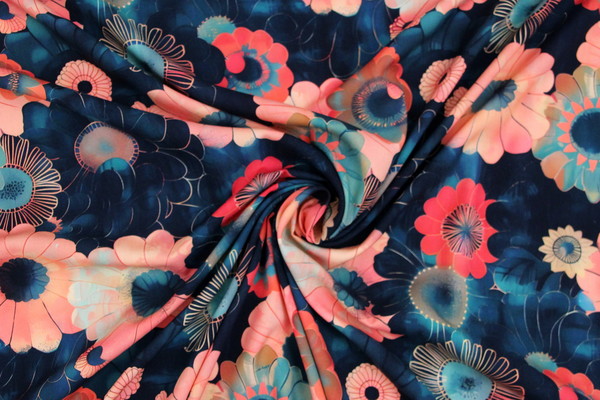 Salmon, Red, Blue & Teal Tones Floral Digital Printed Rayon